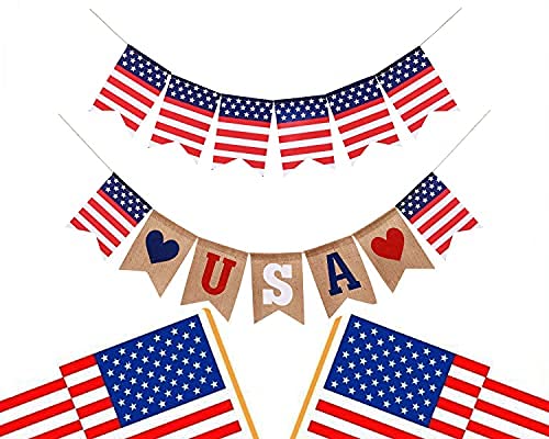 Shimmer Anna Shine USA American Flag Patriotic Burlap Banner for 4th of July Decorations Red White and Blue Memorial Day Decor (USA Flags)