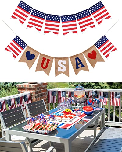 Shimmer Anna Shine USA American Flag Patriotic Burlap Banner for 4th of July Decorations Red White and Blue Memorial Day Decor (USA Flags)