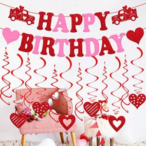 Valentine's Day Birthday Decorations Set Happy Birthday Banner with Heart Hanging Swirls for Romantic Happy Valentine’s Day Theme Birthday Party Supplies