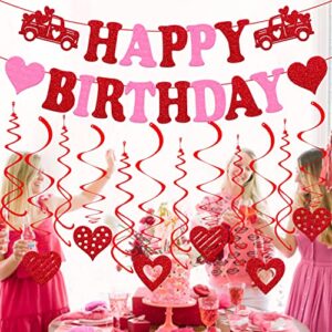 Valentine's Day Birthday Decorations Set Happy Birthday Banner with Heart Hanging Swirls for Romantic Happy Valentine’s Day Theme Birthday Party Supplies