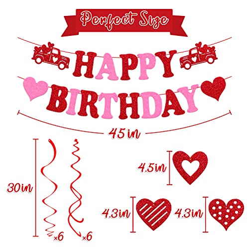 Valentine's Day Birthday Decorations Set Happy Birthday Banner with Heart Hanging Swirls for Romantic Happy Valentine’s Day Theme Birthday Party Supplies