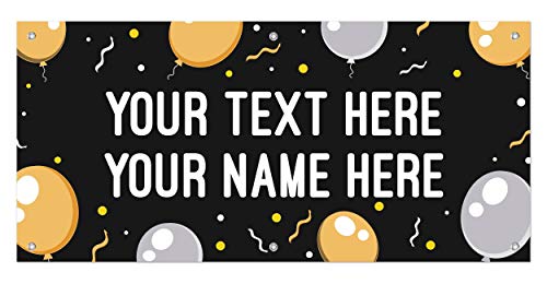 Birthday Graduation Retirement Celebration 2 Line Custom Text 24"x51" Happy Birthday Balloon Personalized Large Vinyl Banner Silver-Gold