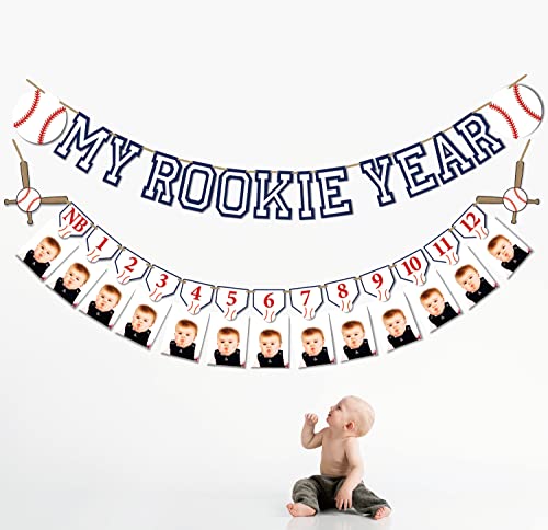 Rookie Year 1st Birthday Decorations,Baseball 12 Months Photo Banner,First Birthday,Baseball Milestone Banner