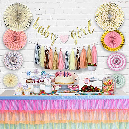 YARA Baby Shower Decorations For Girl Pink and Gold Party Decor Baby Girl Garland Banner Decoration & Supplies Rustic Rose Gold Boho Theme Paper Fans & Tassels For It’s A Girl Floral Princess Sprinkle