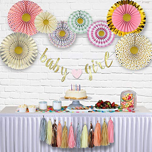 YARA Baby Shower Decorations For Girl Pink and Gold Party Decor Baby Girl Garland Banner Decoration & Supplies Rustic Rose Gold Boho Theme Paper Fans & Tassels For It’s A Girl Floral Princess Sprinkle