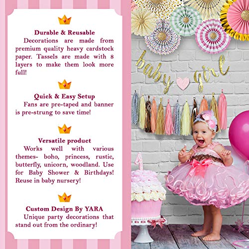 YARA Baby Shower Decorations For Girl Pink and Gold Party Decor Baby Girl Garland Banner Decoration & Supplies Rustic Rose Gold Boho Theme Paper Fans & Tassels For It’s A Girl Floral Princess Sprinkle