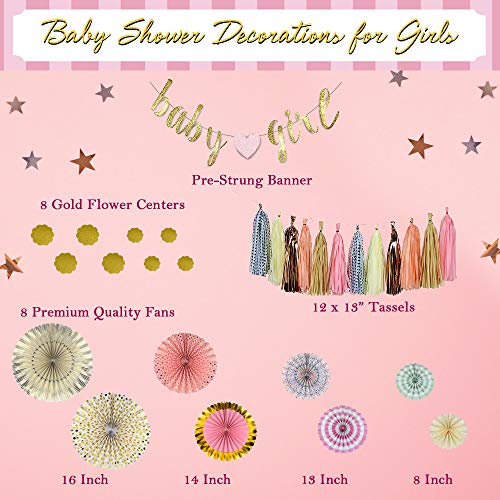 YARA Baby Shower Decorations For Girl Pink and Gold Party Decor Baby Girl Garland Banner Decoration & Supplies Rustic Rose Gold Boho Theme Paper Fans & Tassels For It’s A Girl Floral Princess Sprinkle