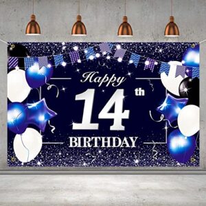 p.g collin happy 14th birthday banner backdrop sign background 14 birthday party decorations supplies for boys kids 6 x 4ft blue purple blue white 14 hb14-bs