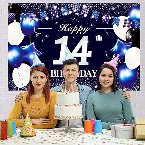 P.G Collin Happy 14th Birthday Banner Backdrop Sign Background 14 Birthday Party Decorations Supplies for Boys Kids 6 x 4ft Blue Purple Blue White 14 HB14-BS