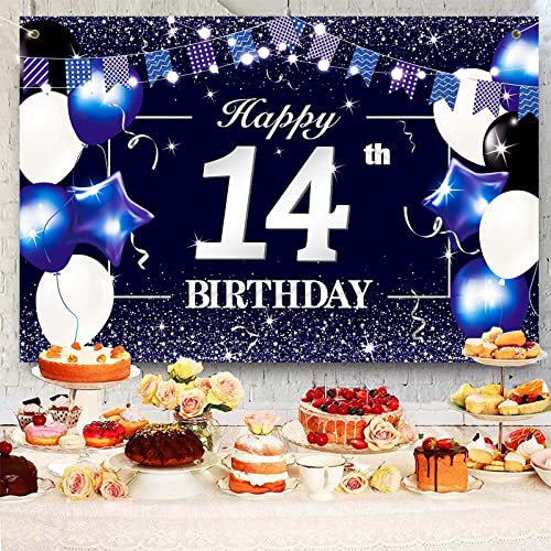 P.G Collin Happy 14th Birthday Banner Backdrop Sign Background 14 Birthday Party Decorations Supplies for Boys Kids 6 x 4ft Blue Purple Blue White 14 HB14-BS