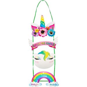 unicorn door hanger – 2-pack welcome sign for princess unicorn themed party decoration, easy diy assembly, girls birthday party supplies
