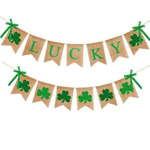 st. patrick’s day decorations burlap lucky banner glitter shamrock banner green clover lucky irish party banner for st. patrick’s day party, green theme party, spring holiday party supplies