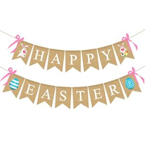 happy easter banner, easter decorations burlap easter garland with bunny sign for spring themed party favors supplies, no diy required