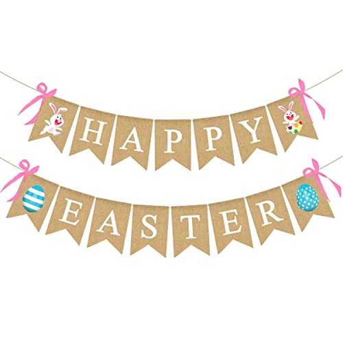 Happy Easter Banner, Easter Decorations Burlap Easter Garland with Bunny Sign for Spring Themed Party Favors Supplies, No DIY Required