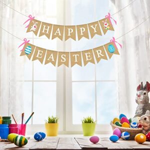 Happy Easter Banner, Easter Decorations Burlap Easter Garland with Bunny Sign for Spring Themed Party Favors Supplies, No DIY Required