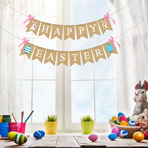 Happy Easter Banner, Easter Decorations Burlap Easter Garland with Bunny Sign for Spring Themed Party Favors Supplies, No DIY Required