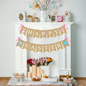 Happy Easter Banner, Easter Decorations Burlap Easter Garland with Bunny Sign for Spring Themed Party Favors Supplies, No DIY Required