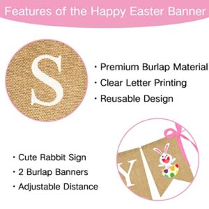 Happy Easter Banner, Easter Decorations Burlap Easter Garland with Bunny Sign for Spring Themed Party Favors Supplies, No DIY Required