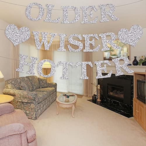 PALASASA Silver Glitter Older Wiser Hotter Banner - Funny 30th 40th 50h 60th 70th 80th Birthday Party Decorations