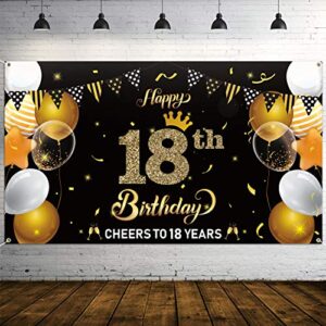 WATINC Happy 18th Birthday Backdrop Banner Cheers to 18 Years Background Banners 78” x 45” XtraLarge Backdrops Balloons Black Gold Party Decorations Supplies for Indoor Outdoor Photo Booth Props