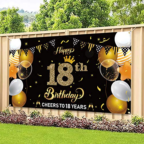 WATINC Happy 18th Birthday Backdrop Banner Cheers to 18 Years Background Banners 78” x 45” XtraLarge Backdrops Balloons Black Gold Party Decorations Supplies for Indoor Outdoor Photo Booth Props