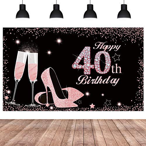 Excelloon 40th Birthday Banner Backdrop Decorations, Extra Large Happy 40 Year Old Birthday Party Poster Supplies for Women, Rose Gold Forty Years Old Birthday Party Supplies Décor