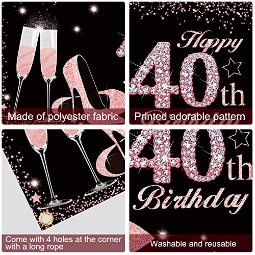 Excelloon 40th Birthday Banner Backdrop Decorations, Extra Large Happy 40 Year Old Birthday Party Poster Supplies for Women, Rose Gold Forty Years Old Birthday Party Supplies Décor