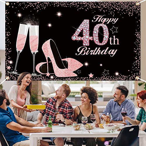 Excelloon 40th Birthday Banner Backdrop Decorations, Extra Large Happy 40 Year Old Birthday Party Poster Supplies for Women, Rose Gold Forty Years Old Birthday Party Supplies Décor