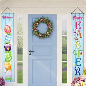 tatuo 2 pieces easter day decoration easter porch sign welcome and happy bunny banner wall door porch signs for indoor outdoor decoration party supplies