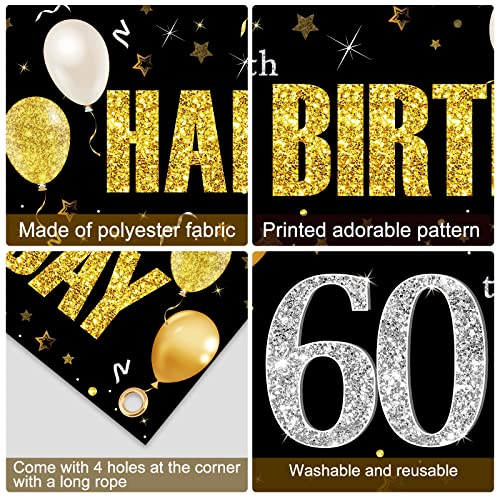 60th Birthday Banner Decorations for Men Women, Black Gold Happy 60 Birthday Yard Banner Sign Party Supplies, Sixty Year Old Birthday Party Decor for Indoor Outdoor