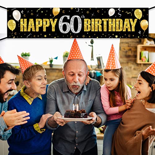 60th Birthday Banner Decorations for Men Women, Black Gold Happy 60 Birthday Yard Banner Sign Party Supplies, Sixty Year Old Birthday Party Decor for Indoor Outdoor