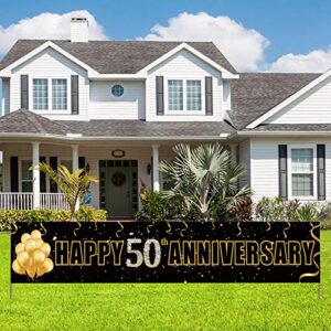 yoaokiy happy 50th anniversary banner decorations, black gold 50 wedding anniversary party supplies, 50 years wedding anniversary party sign(9.8×1.6ft)