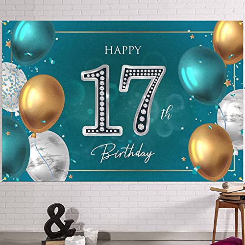 HAMIGAR 6x4ft Happy 17th Birthday Banner Backdrop - 17 Years Old Birthday Decorations Party Supplies for Girls Boys - Green Silver