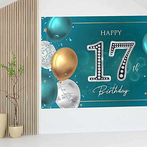 HAMIGAR 6x4ft Happy 17th Birthday Banner Backdrop - 17 Years Old Birthday Decorations Party Supplies for Girls Boys - Green Silver