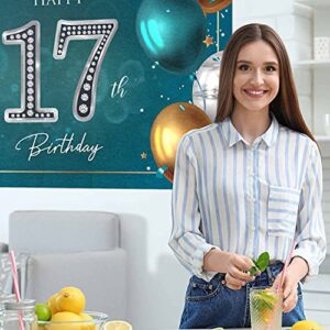 HAMIGAR 6x4ft Happy 17th Birthday Banner Backdrop - 17 Years Old Birthday Decorations Party Supplies for Girls Boys - Green Silver