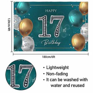 HAMIGAR 6x4ft Happy 17th Birthday Banner Backdrop - 17 Years Old Birthday Decorations Party Supplies for Girls Boys - Green Silver