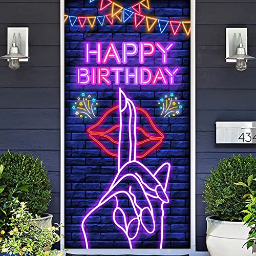 Neon Hot Sexy Lip Happy Birthday Banner Backdrop Burn Book Theme Decor Decorations for Bridal Shower Wedding Night Out Hen Movie Party Bachelorette Party Girls Woman Birthday Party Supplies Favors