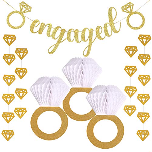 Bachelorette Party Decoration Set|Gold Glitter Engaged Banner|Honeycomb Diamond Ring Hanging Decorations(3pcs)|Wedding and Bridal Shower Decoration