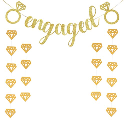 Bachelorette Party Decoration Set|Gold Glitter Engaged Banner|Honeycomb Diamond Ring Hanging Decorations(3pcs)|Wedding and Bridal Shower Decoration