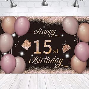 Happy 15st Birthday Backdrop Banner Black Pink 15th Sign Poster 15 Birthday Party Supplies for Anniversary Photo Booth Photography Background Birthday Party Decorations, 72.8 x 43.3 Inch