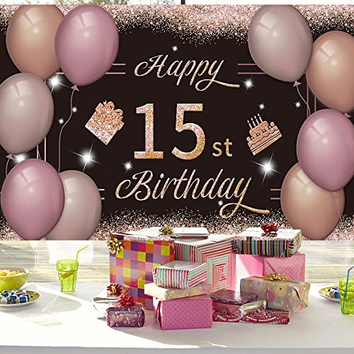 Happy 15st Birthday Backdrop Banner Black Pink 15th Sign Poster 15 Birthday Party Supplies for Anniversary Photo Booth Photography Background Birthday Party Decorations, 72.8 x 43.3 Inch