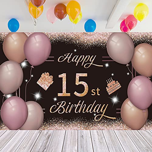 Happy 15st Birthday Backdrop Banner Black Pink 15th Sign Poster 15 Birthday Party Supplies for Anniversary Photo Booth Photography Background Birthday Party Decorations, 72.8 x 43.3 Inch