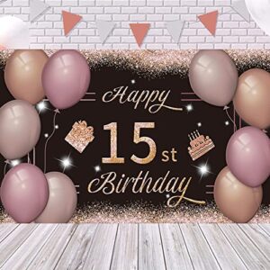 Happy 15st Birthday Backdrop Banner Black Pink 15th Sign Poster 15 Birthday Party Supplies for Anniversary Photo Booth Photography Background Birthday Party Decorations, 72.8 x 43.3 Inch