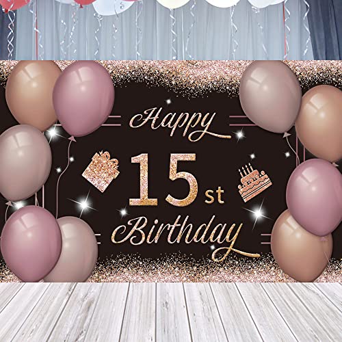 Happy 15st Birthday Backdrop Banner Black Pink 15th Sign Poster 15 Birthday Party Supplies for Anniversary Photo Booth Photography Background Birthday Party Decorations, 72.8 x 43.3 Inch