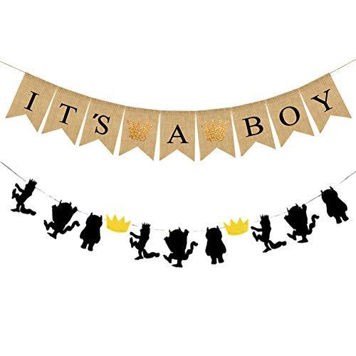 It's A BOY Banner Burlap Fabric, Baby Shower Party Decorations for Baby Boy Where the Wild Things Are Inspired Banner