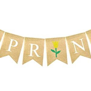 FAKTEEN Spring Burlap Banner with Flower for Mantel Fireplace Home Decor Garland Spring Themed Party Decorations Indoor Outdoor Hanging Bunting Photo Backdrop