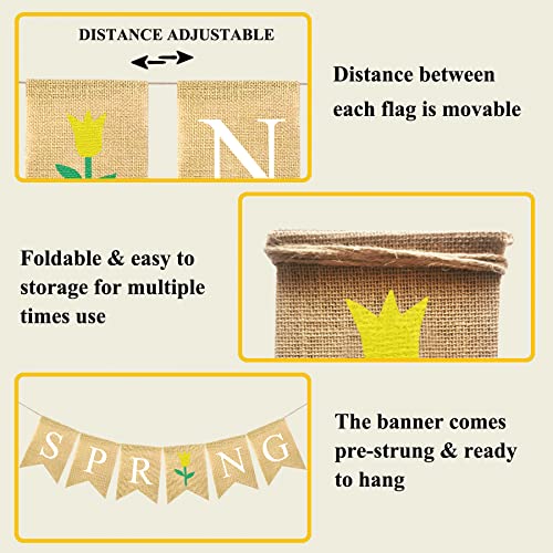 FAKTEEN Spring Burlap Banner with Flower for Mantel Fireplace Home Decor Garland Spring Themed Party Decorations Indoor Outdoor Hanging Bunting Photo Backdrop