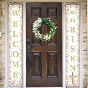 pudodo he is risen porch banner easter christian cross resurrection religious holiday party front door sign wall hanging decor