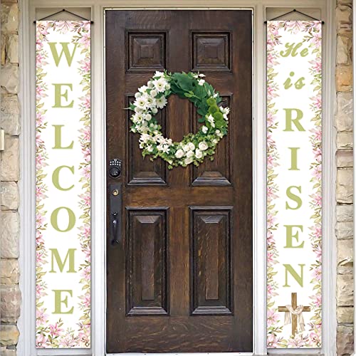 Pudodo He Is Risen Porch Banner Easter Christian Cross Resurrection Religious Holiday Party Front Door Sign Wall Hanging Decor