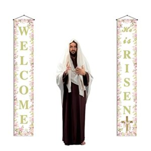 Pudodo He Is Risen Porch Banner Easter Christian Cross Resurrection Religious Holiday Party Front Door Sign Wall Hanging Decor